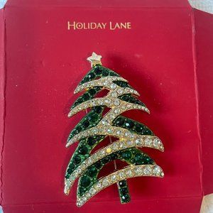 Vintage Holiday Lane Gold and Green Rhinestone Christmas Tree Pin Brooch NEW
